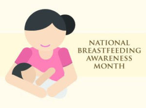 drawing of Mother holding baby with words National Breastfeeding Awareness Month