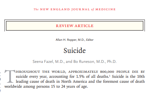 Image of article on Suicide article written by Dr. Fazel and Dr. Runeson. Click link above to download
